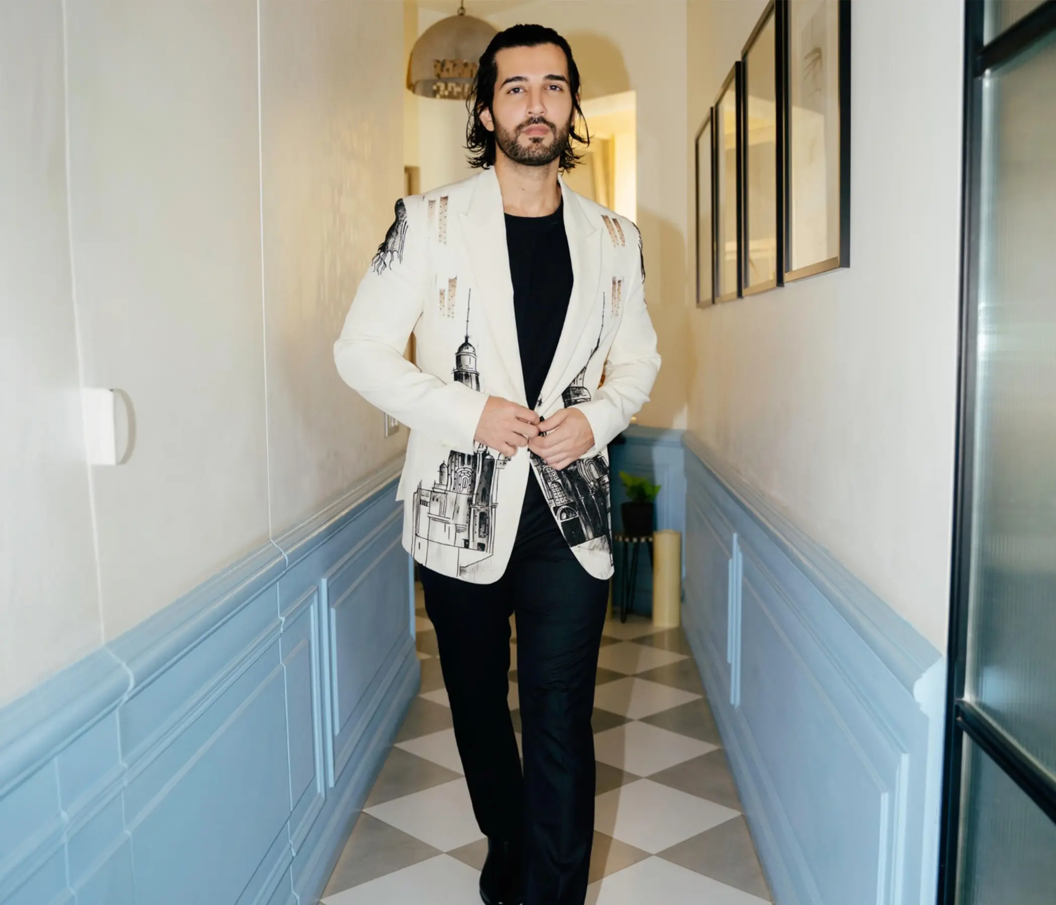 Aditya Seal Celebrity Collection – Hand Painted Ivory Architectural Art Blazer